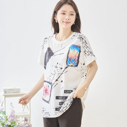アート柄 コラージュ プリント Tシャツ チュニック 半袖 ゆったり 体型カバー M-L