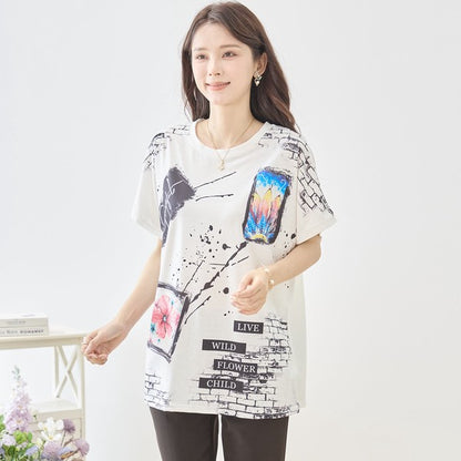 アート柄 コラージュ プリント Tシャツ チュニック 半袖 ゆったり 体型カバー M-L