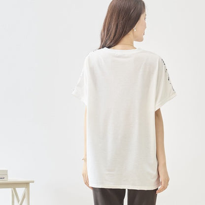 アート柄 コラージュ プリント Tシャツ チュニック 半袖 ゆったり 体型カバー M-L
