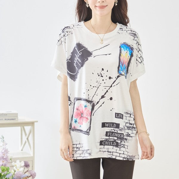 アート柄 コラージュ プリント Tシャツ チュニック 半袖 ゆったり 体型カバー M-L