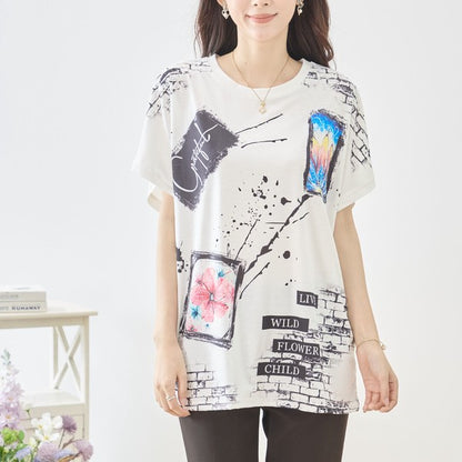 アート柄 コラージュ プリント Tシャツ チュニック 半袖 ゆったり 体型カバー M-L
