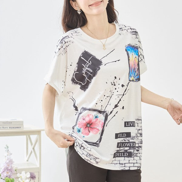 アート柄 コラージュ プリント Tシャツ チュニック 半袖 ゆったり 体型カバー M-L