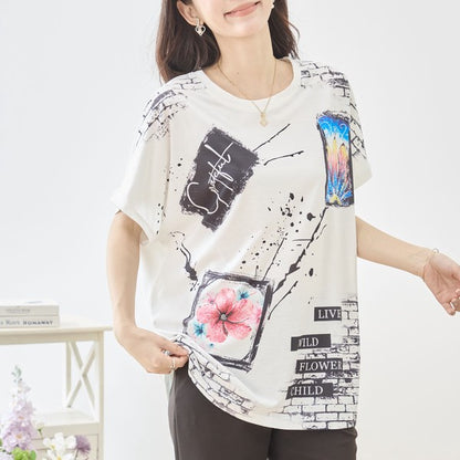 アート柄 コラージュ プリント Tシャツ チュニック 半袖 ゆったり 体型カバー M-L