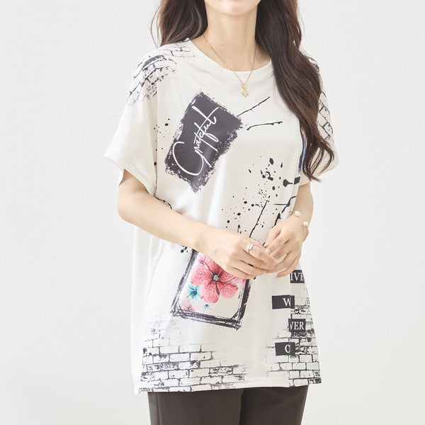 アート柄 コラージュ プリント Tシャツ チュニック 半袖 ゆったり 体型カバー M-L
