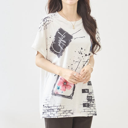 アート柄 コラージュ プリント Tシャツ チュニック 半袖 ゆったり 体型カバー M-L