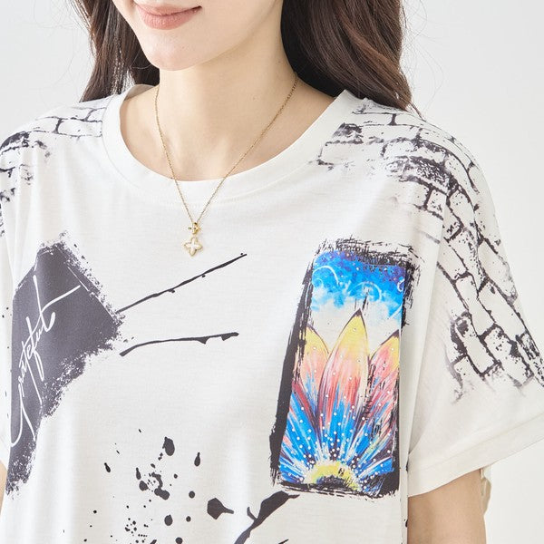 アート柄 コラージュ プリント Tシャツ チュニック 半袖 ゆったり 体型カバー M-L