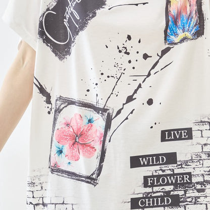 アート柄 コラージュ プリント Tシャツ チュニック 半袖 ゆったり 体型カバー M-L