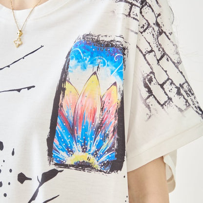 アート柄 コラージュ プリント Tシャツ チュニック 半袖 ゆったり 体型カバー M-L