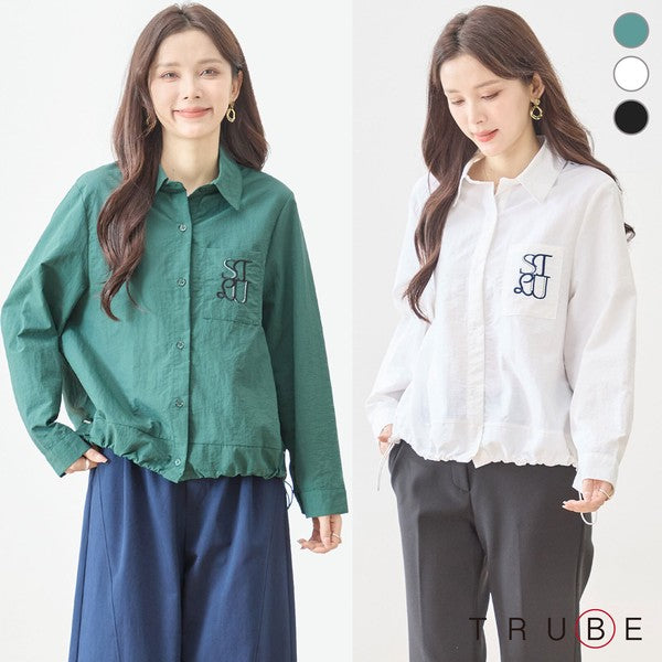 胸元刺繍 ドローストリング デザインシャツ 長袖 裾ドロスト 襟付き きれいめ カジュアル ブラウス