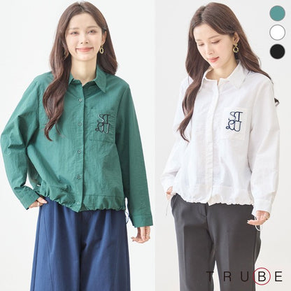 胸元刺繍 ドローストリング デザインシャツ 長袖 裾ドロスト 襟付き きれいめ カジュアル ブラウス