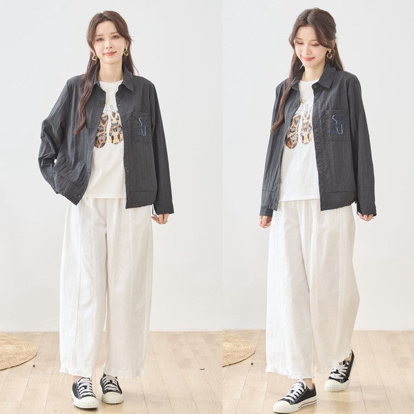 胸元刺繍 ドローストリング デザインシャツ 長袖 裾ドロスト 襟付き きれいめ カジュアル ブラウス