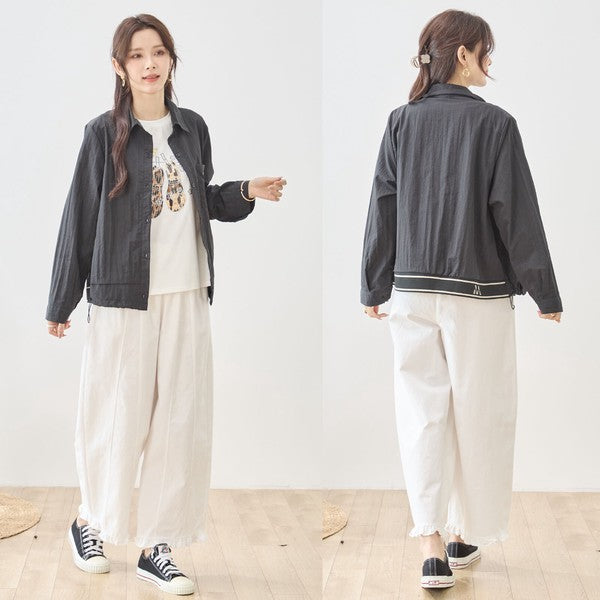 胸元刺繍 ドローストリング デザインシャツ 長袖 裾ドロスト 襟付き きれいめ カジュアル ブラウス