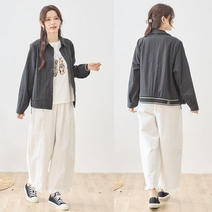 胸元刺繍 ドローストリング デザインシャツ 長袖 裾ドロスト 襟付き きれいめ カジュアル ブラウス