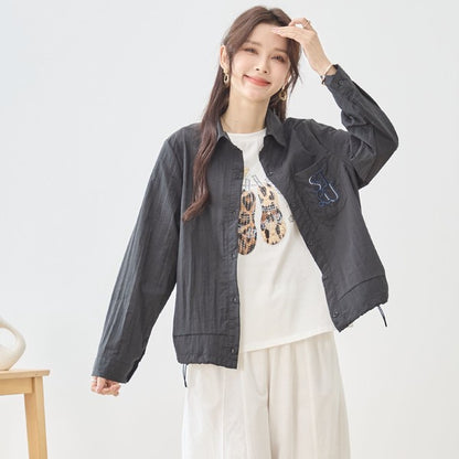 胸元刺繍 ドローストリング デザインシャツ 長袖 裾ドロスト 襟付き きれいめ カジュアル ブラウス