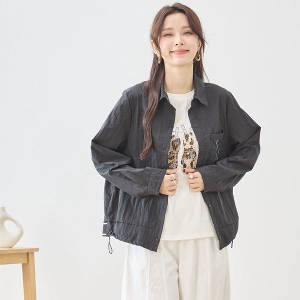 胸元刺繍 ドローストリング デザインシャツ 長袖 裾ドロスト 襟付き きれいめ カジュアル ブラウス