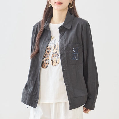 胸元刺繍 ドローストリング デザインシャツ 長袖 裾ドロスト 襟付き きれいめ カジュアル ブラウス