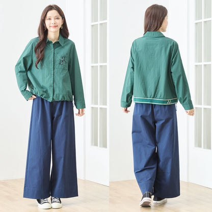 胸元刺繍 ドローストリング デザインシャツ 長袖 裾ドロスト 襟付き きれいめ カジュアル ブラウス