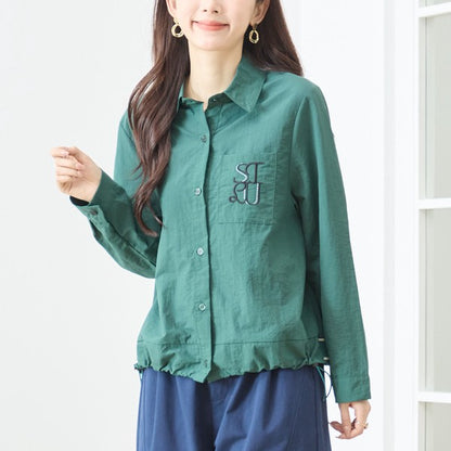 胸元刺繍 ドローストリング デザインシャツ 長袖 裾ドロスト 襟付き きれいめ カジュアル ブラウス