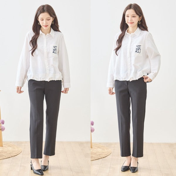 胸元刺繍 ドローストリング デザインシャツ 長袖 裾ドロスト 襟付き きれいめ カジュアル ブラウス