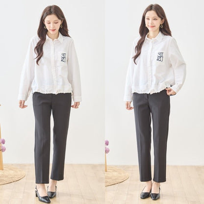 胸元刺繍 ドローストリング デザインシャツ 長袖 裾ドロスト 襟付き きれいめ カジュアル ブラウス