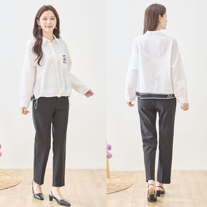 胸元刺繍 ドローストリング デザインシャツ 長袖 裾ドロスト 襟付き きれいめ カジュアル ブラウス