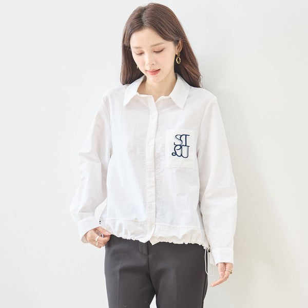 胸元刺繍 ドローストリング デザインシャツ 長袖 裾ドロスト 襟付き きれいめ カジュアル ブラウス