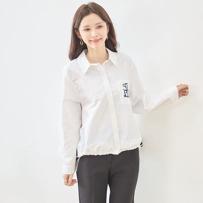 胸元刺繍 ドローストリング デザインシャツ 長袖 裾ドロスト 襟付き きれいめ カジュアル ブラウス