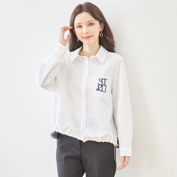 胸元刺繍 ドローストリング デザインシャツ 長袖 裾ドロスト 襟付き きれいめ カジュアル ブラウス