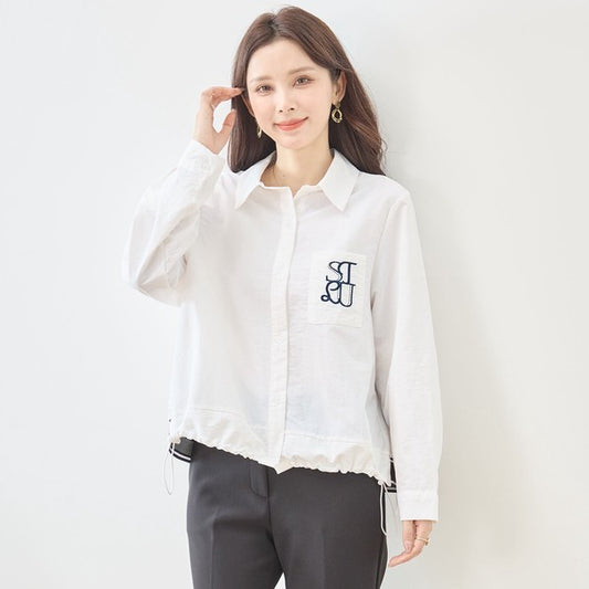 胸元刺繍 ドローストリング デザインシャツ 長袖 裾ドロスト 襟付き きれいめ カジュアル ブラウス