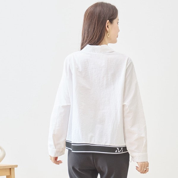 胸元刺繍 ドローストリング デザインシャツ 長袖 裾ドロスト 襟付き きれいめ カジュアル ブラウス