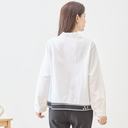 胸元刺繍 ドローストリング デザインシャツ 長袖 裾ドロスト 襟付き きれいめ カジュアル ブラウス