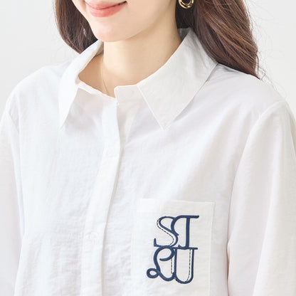 胸元刺繍 ドローストリング デザインシャツ 長袖 裾ドロスト 襟付き きれいめ カジュアル ブラウス