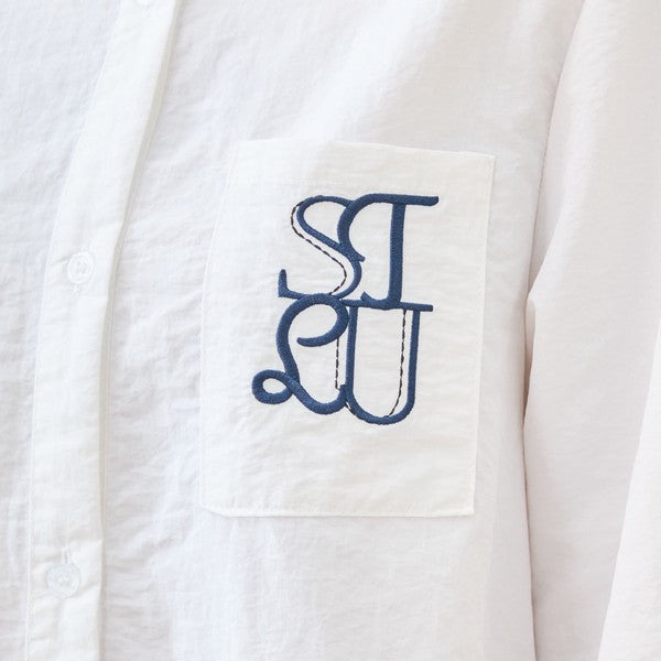 胸元刺繍 ドローストリング デザインシャツ 長袖 裾ドロスト 襟付き きれいめ カジュアル ブラウス