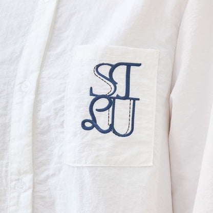 胸元刺繍 ドローストリング デザインシャツ 長袖 裾ドロスト 襟付き きれいめ カジュアル ブラウス