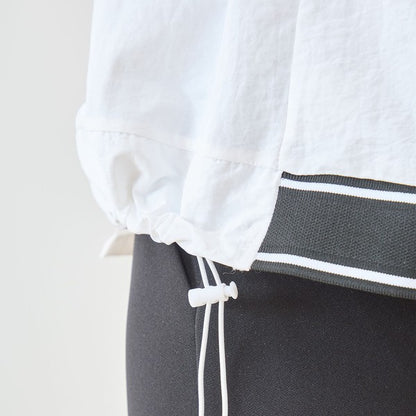 胸元刺繍 ドローストリング デザインシャツ 長袖 裾ドロスト 襟付き きれいめ カジュアル ブラウス