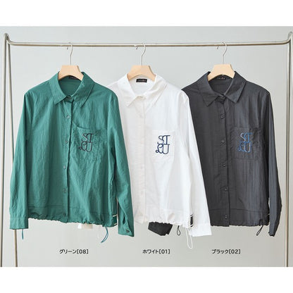 胸元刺繍 ドローストリング デザインシャツ 長袖 裾ドロスト 襟付き きれいめ カジュアル ブラウス