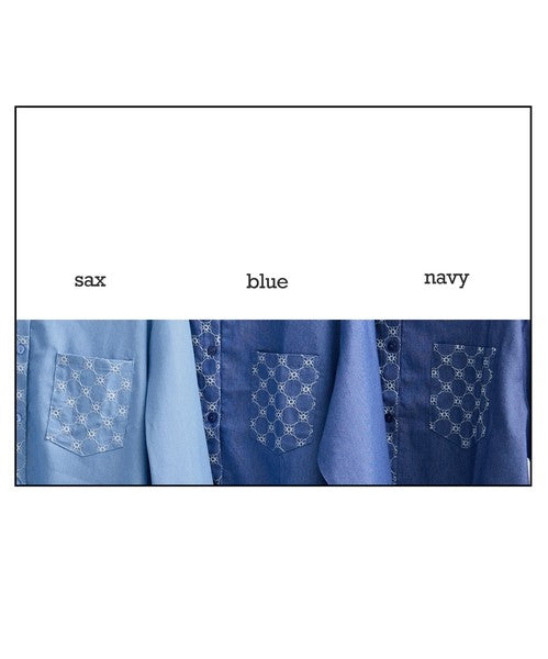 刺繍切替 デニム風 ブラウス 長袖 バンドカラー 羽織り ゆったり 体型カバー 春夏