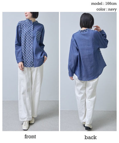 刺繍切替 デニム風 ブラウス 長袖 バンドカラー 羽織り ゆったり 体型カバー 春夏