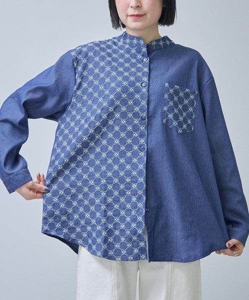 刺繍切替 デニム風 ブラウス 長袖 バンドカラー 羽織り ゆったり 体型カバー 春夏
