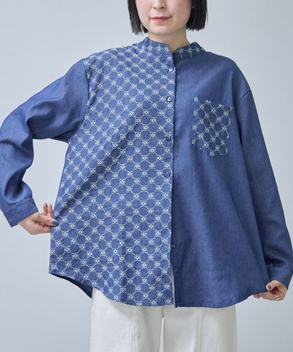 刺繍切替 デニム風 ブラウス 長袖 バンドカラー 羽織り ゆったり 体型カバー 春夏