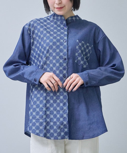 刺繍切替 デニム風 ブラウス 長袖 バンドカラー 羽織り ゆったり 体型カバー 春夏