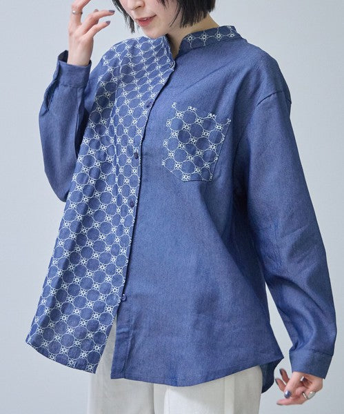 刺繍切替 デニム風 ブラウス 長袖 バンドカラー 羽織り ゆったり 体型カバー 春夏