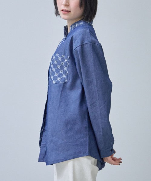 刺繍切替 デニム風 ブラウス 長袖 バンドカラー 羽織り ゆったり 体型カバー 春夏