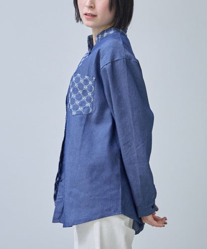 刺繍切替 デニム風 ブラウス 長袖 バンドカラー 羽織り ゆったり 体型カバー 春夏
