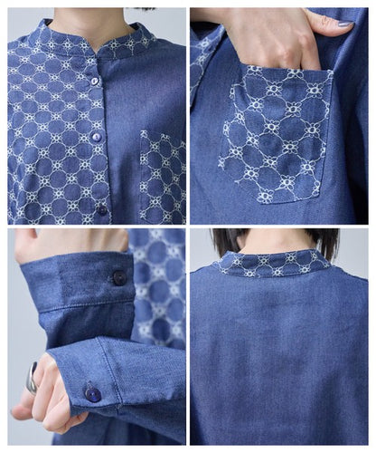 刺繍切替 デニム風 ブラウス 長袖 バンドカラー 羽織り ゆったり 体型カバー 春夏