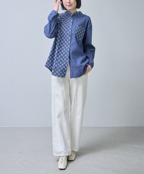 刺繍切替 デニム風 ブラウス 長袖 バンドカラー 羽織り ゆったり 体型カバー 春夏