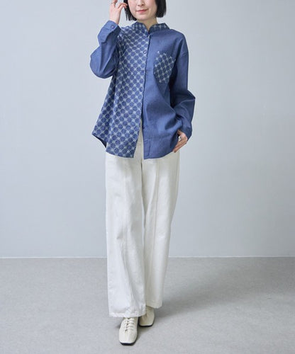 刺繍切替 デニム風 ブラウス 長袖 バンドカラー 羽織り ゆったり 体型カバー 春夏