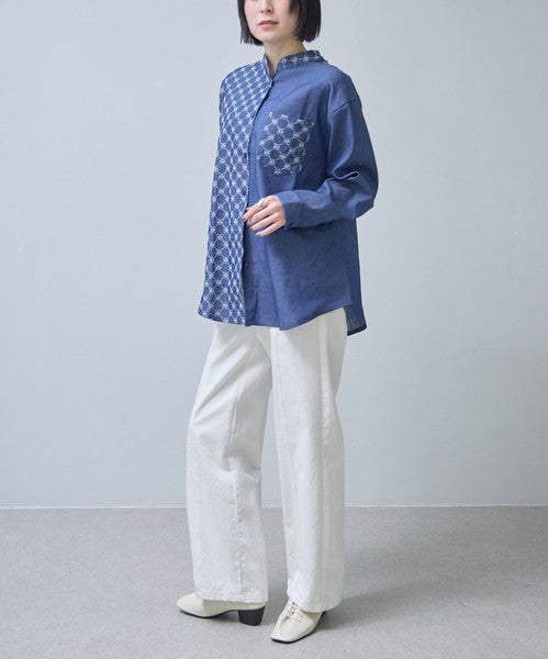 刺繍切替 デニム風 ブラウス 長袖 バンドカラー 羽織り ゆったり 体型カバー 春夏