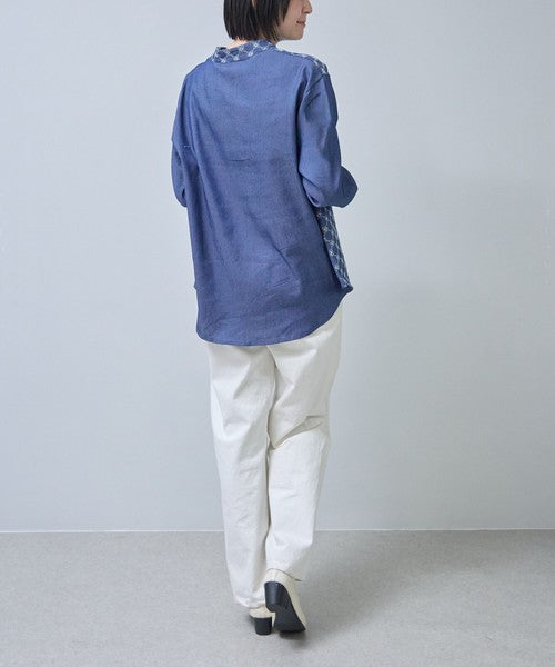 刺繍切替 デニム風 ブラウス 長袖 バンドカラー 羽織り ゆったり 体型カバー 春夏