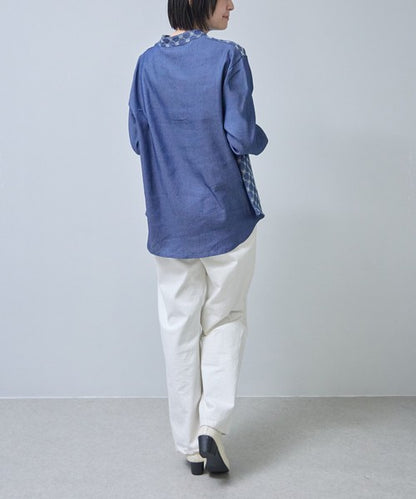 刺繍切替 デニム風 ブラウス 長袖 バンドカラー 羽織り ゆったり 体型カバー 春夏